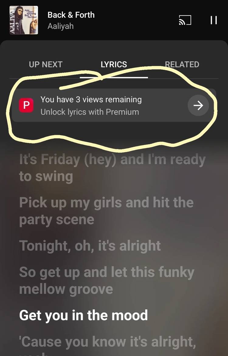 A screenshot of the YouTube Music lyrics interface highlighting a prompt to "Unlock lyrics with Premium"