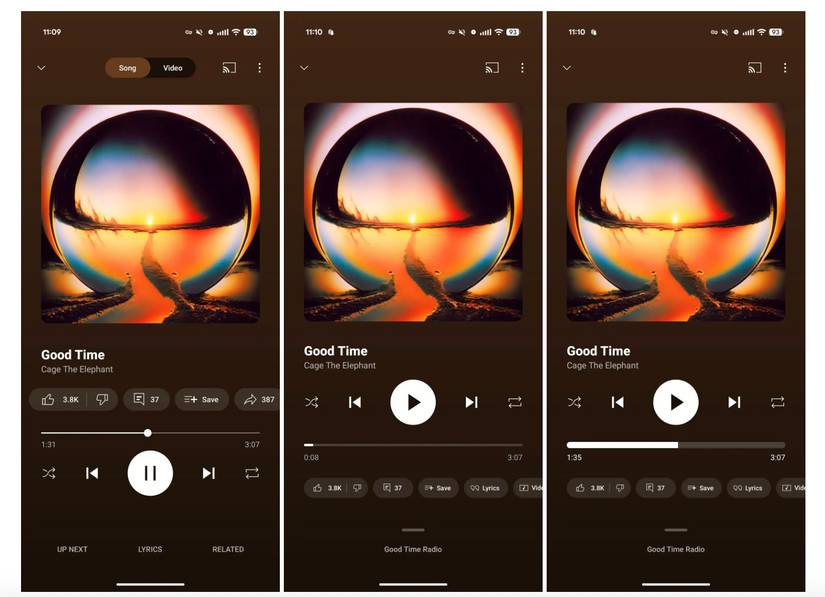 three screens showing the changes in YouTube Music using Good Time by Cage the Elephant