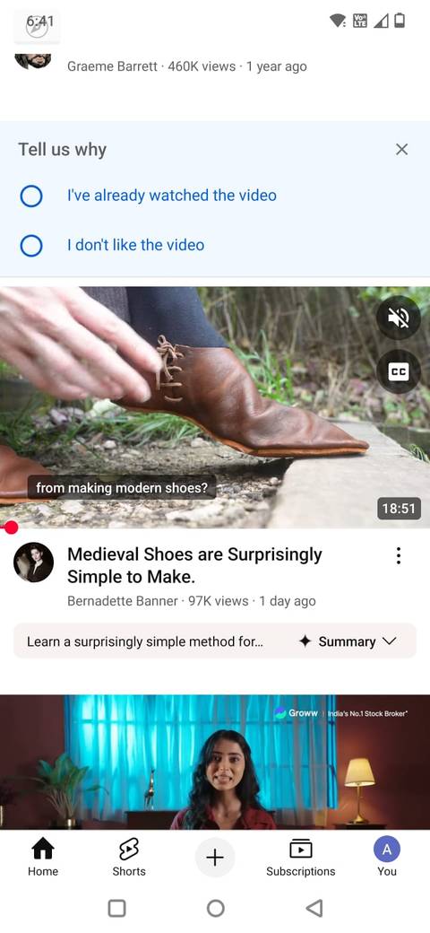 Screenshot showing the Tell us why option in the YouTube app