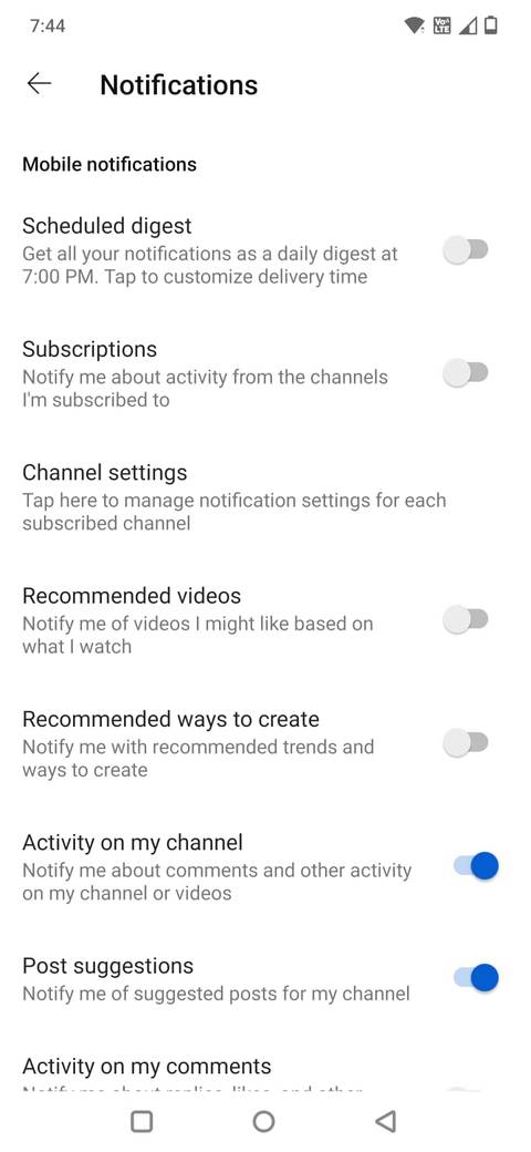 Screenshot showing the Notifications page in the YouTube app