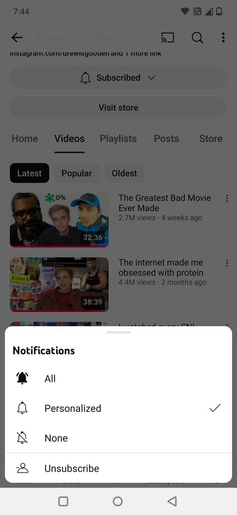 Screenshot showing the Notifications option in the YouTube app