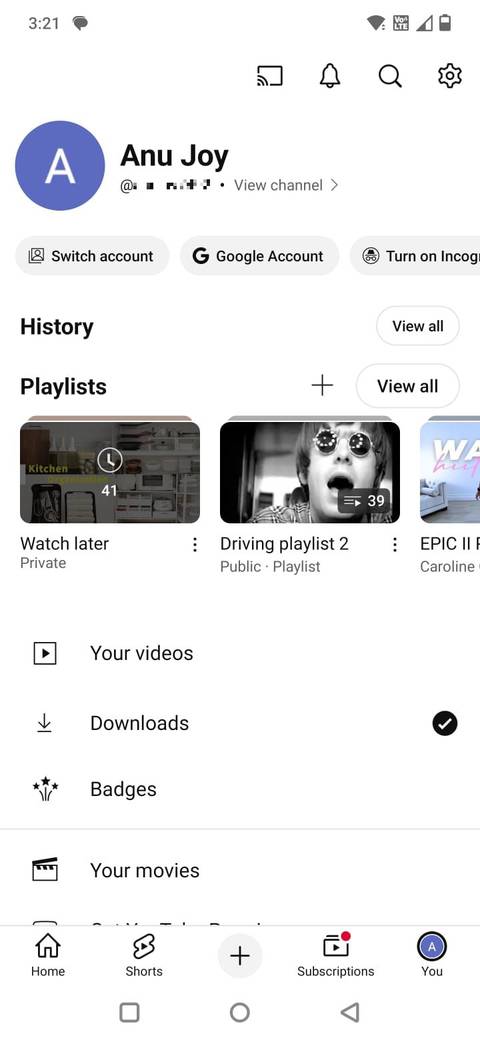 Screenshot showing the History option in the YouTube app