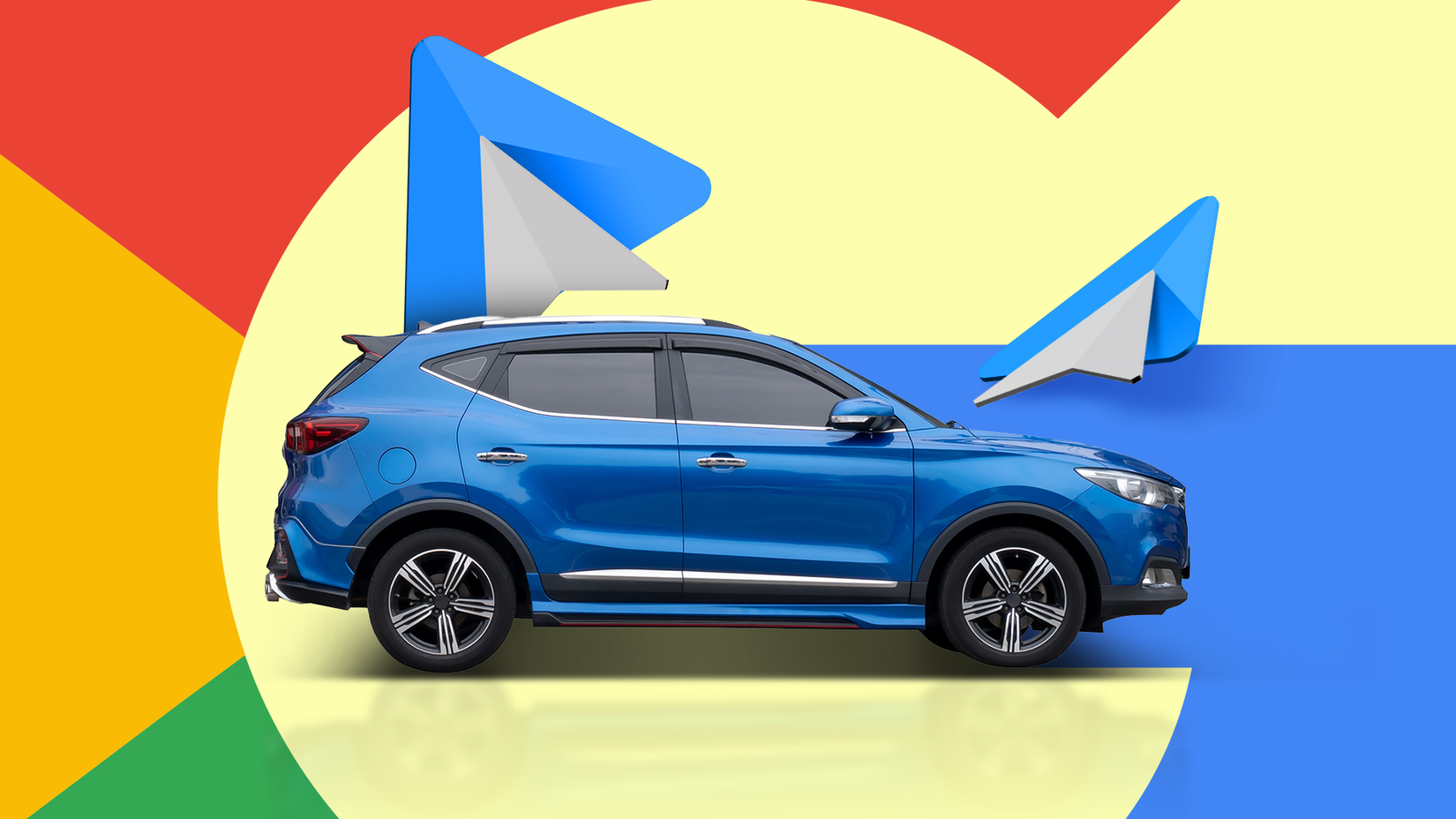 Um carro azul na frente de um grande logotipo do Google, com ícones de navegação do Android Auto acima dele.