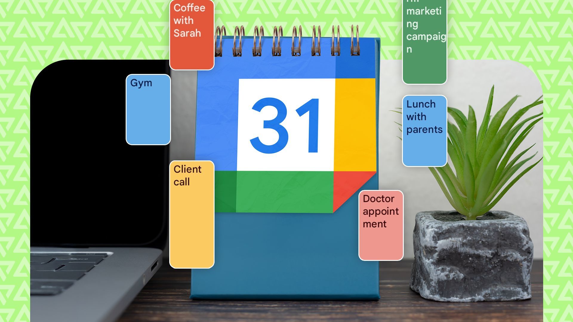 Un calendario su una scrivania con il logo di Google Calendar, circondato da blocchi di eventi colorati che rappresentano le attività pianificate