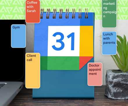 A calendar on a desk with the Google Calendar logo, surrounded by colorful event blocks representing scheduled tasks