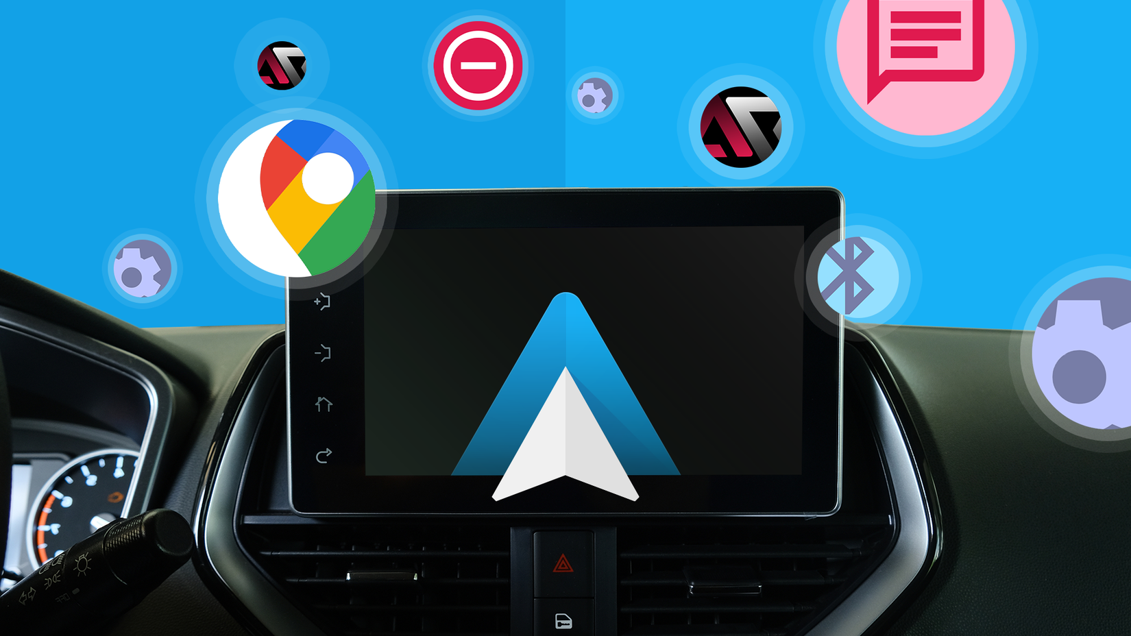 Uma tela do painel do carro exibindo o logotipo do Android Auto, cercado por ícones flutuantes do Google Maps, não perturbe, mensagens e ferramentas de automação.