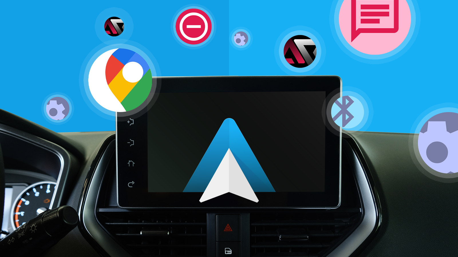 A car dashboard screen displaying the Android Auto logo, surrounded by floating icons for Google Maps, do not disturb, messages, and automation tools.