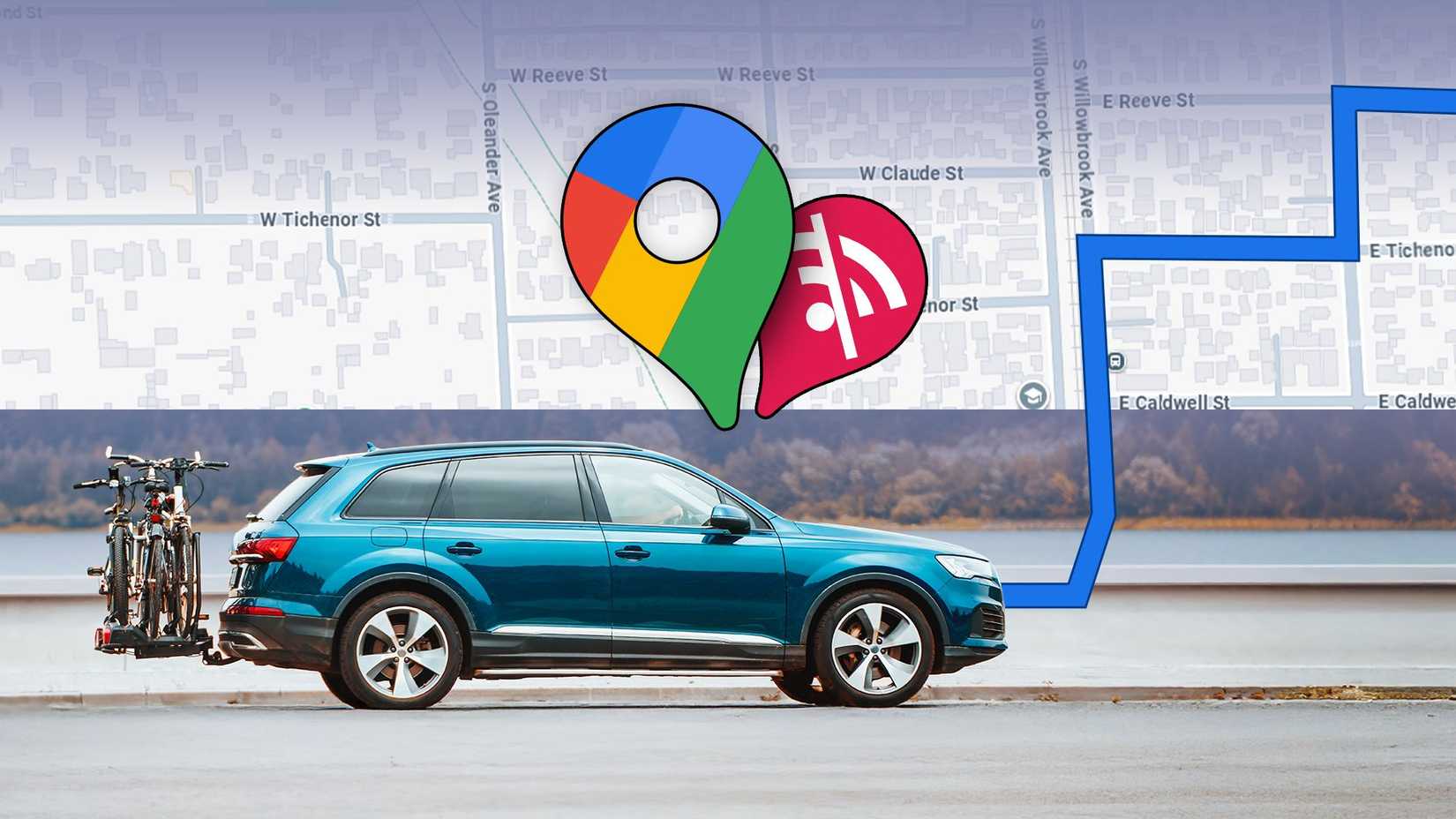 سيارة تسير على طول منطقة غابات مع خريطة في الخلفية وشعار خرائط Google يضم رمز Wi-Fi غير متصل بالإنترنت