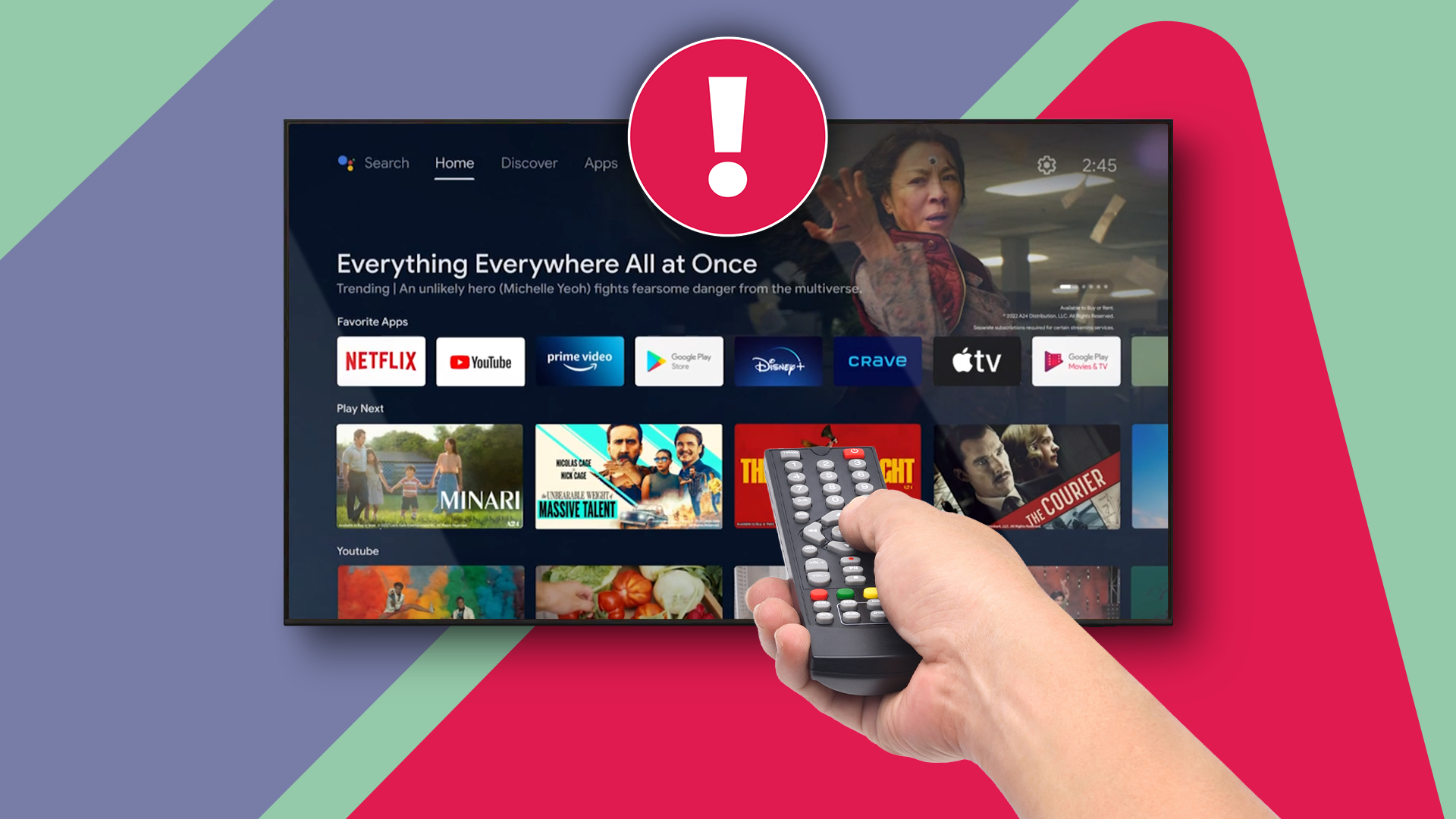 A hand holding a remote pointing at a TV with a warning sign.