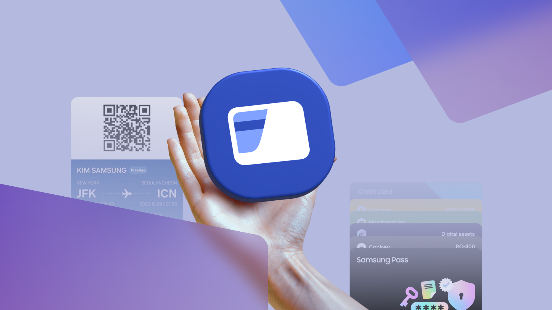 Una mano che tiene il logo Samsung Wallet circondato da carte digitali e una carta d'imbarco.