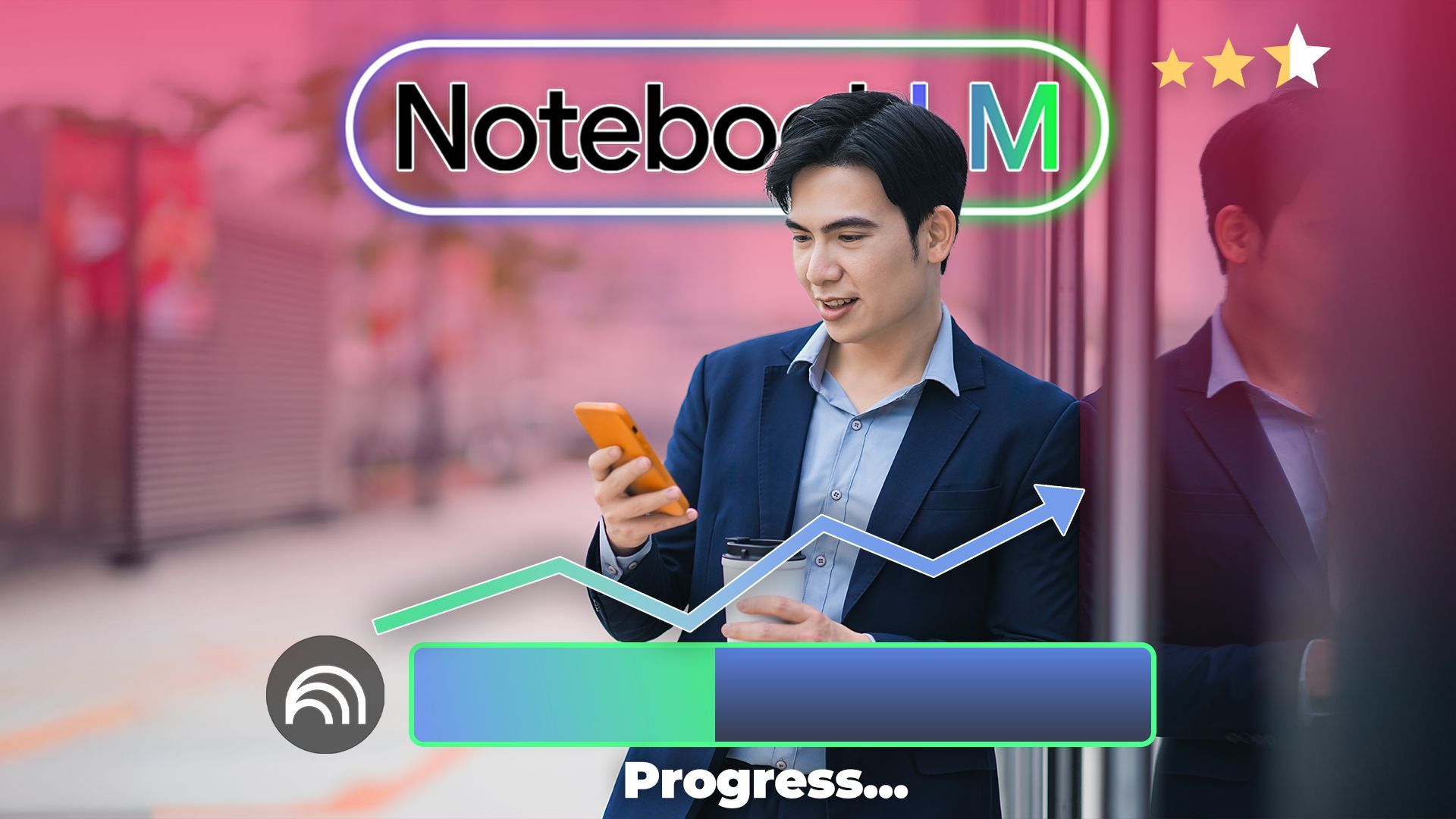 Un uomo in giacca e cravatta guarda il suo smartphone mentre tiene in mano una tazza di caffè, circondato da elementi grafici che mostrano barre di avanzamento, frecce verso l'alto e il logo NotebookLM