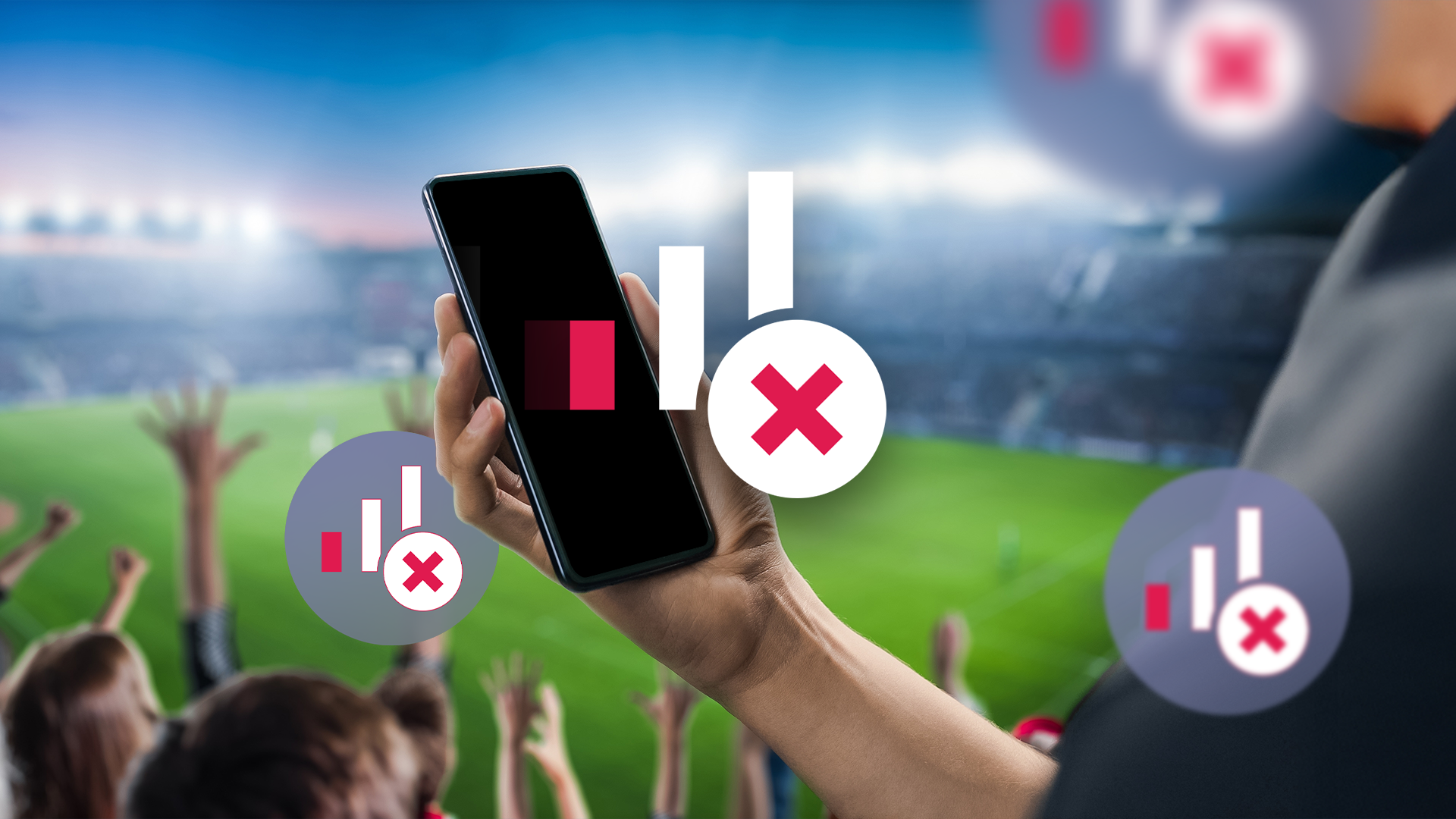 A person holding a smartphone with no signal in a crowded stadium