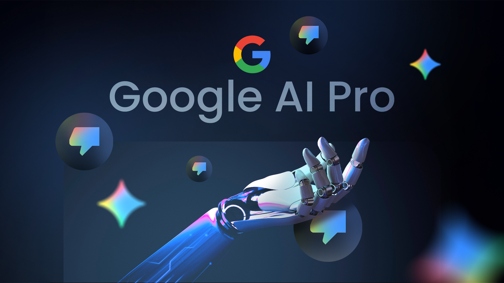 Uma mão robótica estendida para cima, cercada por ícones de Gêmeos e polegares para baixo, com o texto “Google AI Pro” e o logotipo do Google acima.