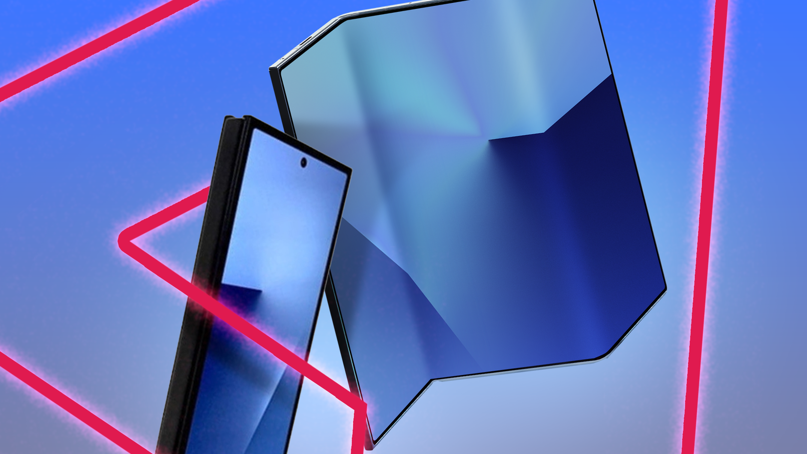 A Samsung Galaxy Trifold smartphone against a blue background