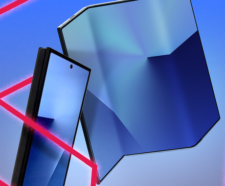 A Samsung Galaxy Trifold smartphone against a blue background