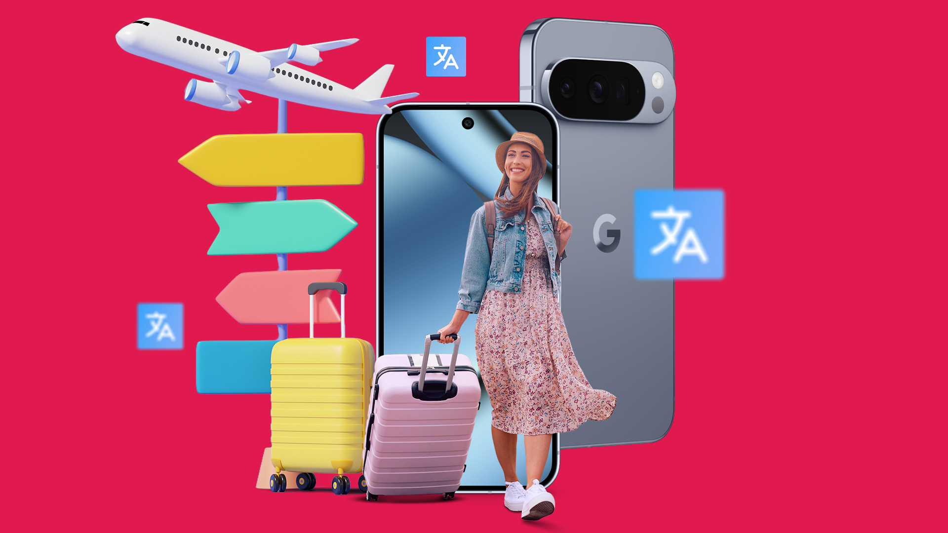 تقف امرأة مبتسمة تحمل حقائب سفر أمام هاتف Google Pixel، وتحيط بها أيقونات السفر مثل الطائرة وإشارات الاتجاه الملونة ورموز الترجمة.