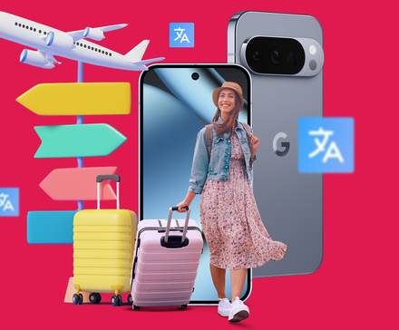 عند السفر إلى الخارج، يمكن أن توفر بطاقة eSIM المناسبة توفيرًا أكبر من شركة الاتصالات الخاصة بك 4 تقف امرأة مبتسمة تحمل حقائب سفر أمام هاتف Google Pixel، وتحيط بها أيقونات السفر مثل الطائرة وإشارات الاتجاه الملونة ورموز الترجمة.