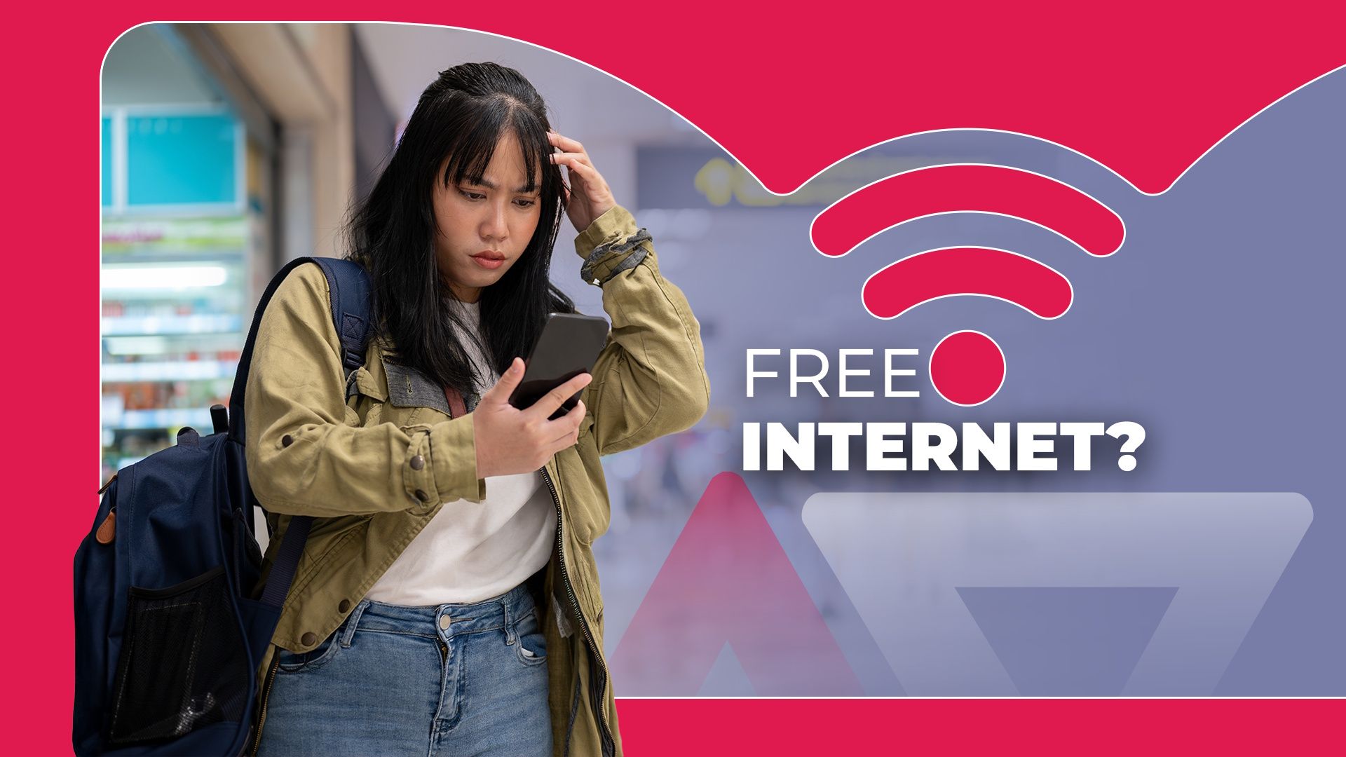 Uma mulher olhando confusa para o telefone, com um grande símbolo de Wi-Fi e o texto “Internet grátis” ao lado dela.