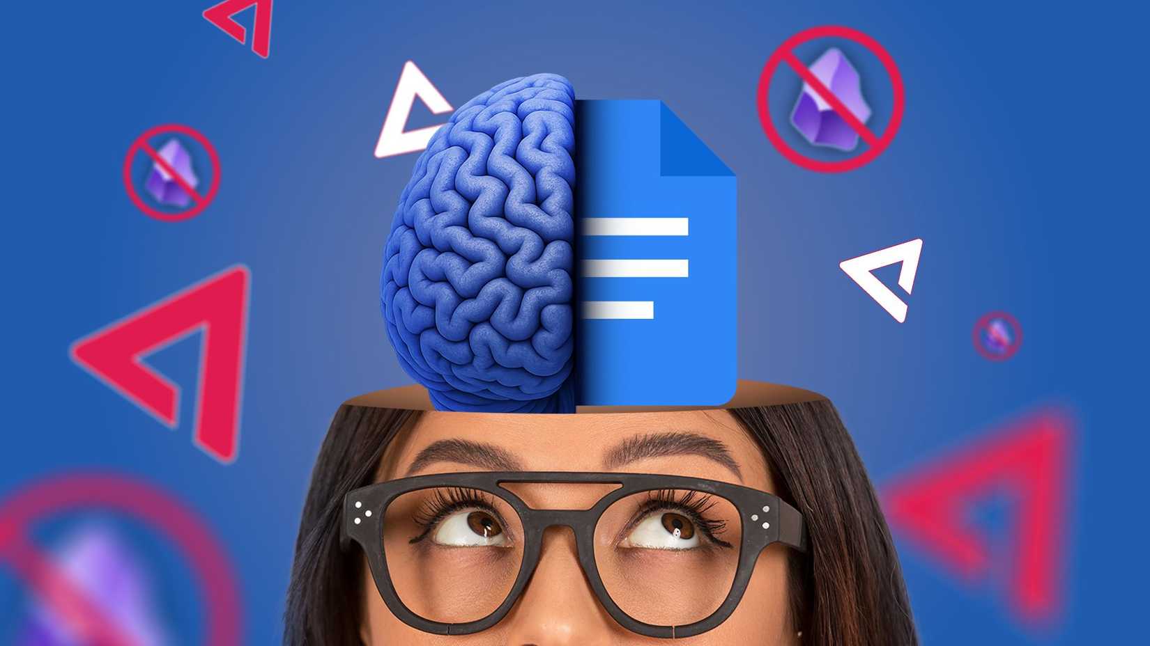Uma mulher de óculos olhando para cima enquanto um cérebro e o ícone do Google Docs emergem de sua cabeça, cercados por vários logotipos Obsidian riscados
