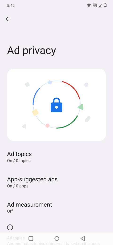 Captura de tela do Android mostrando o menu de privacidade de anúncios
