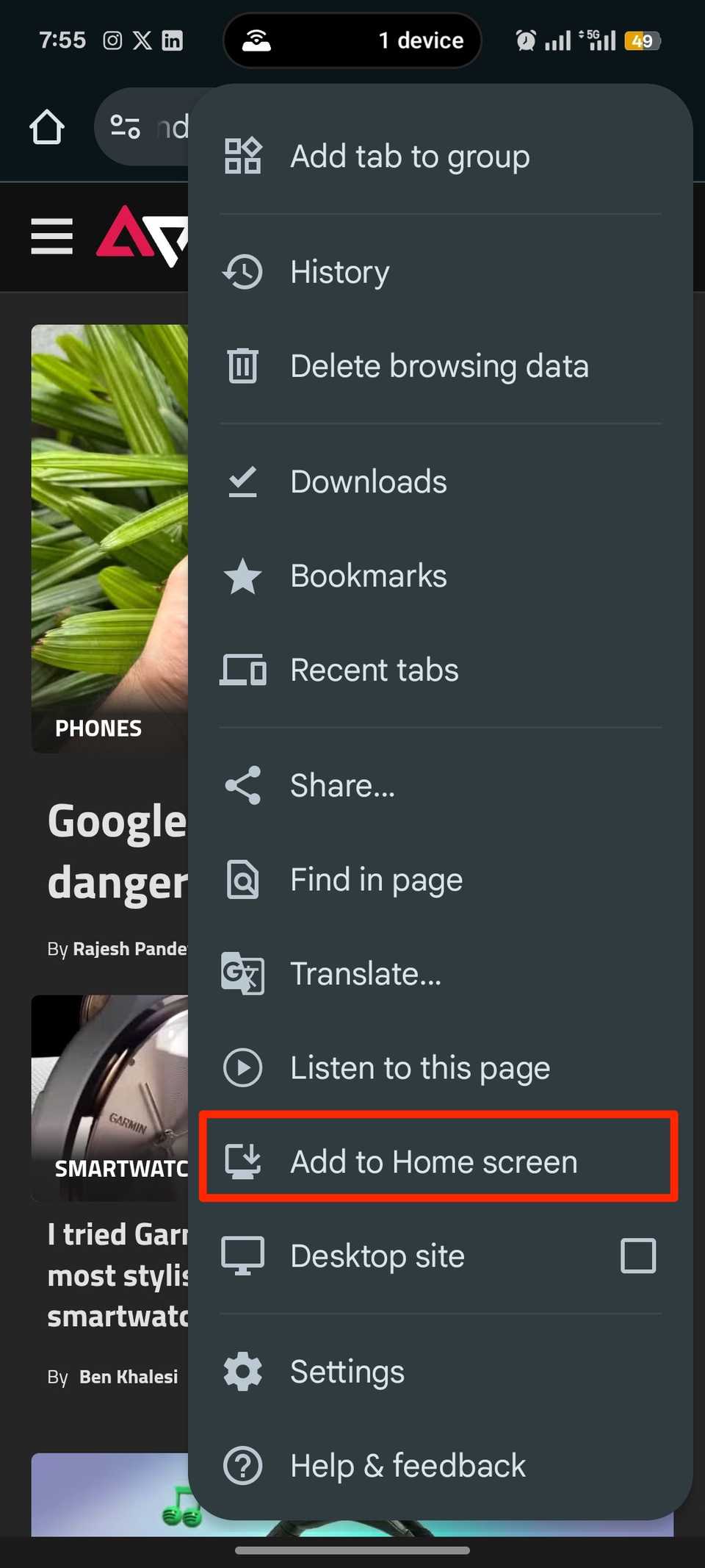 Red rectangle highlighting Add to Home Screen option in Google Chrome app