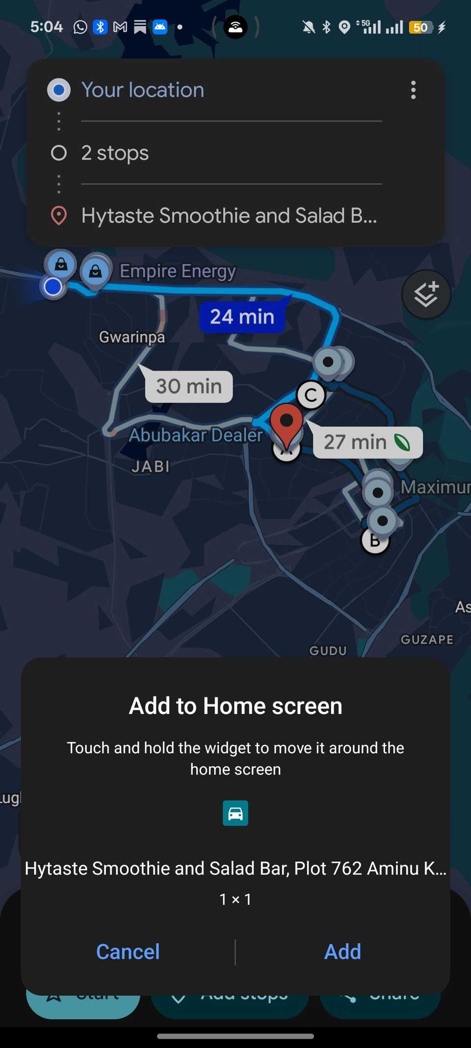 تأكيد منبثق لإضافة مسار متعدد التوقفات على خرائط Google إلى شاشة Android الرئيسية