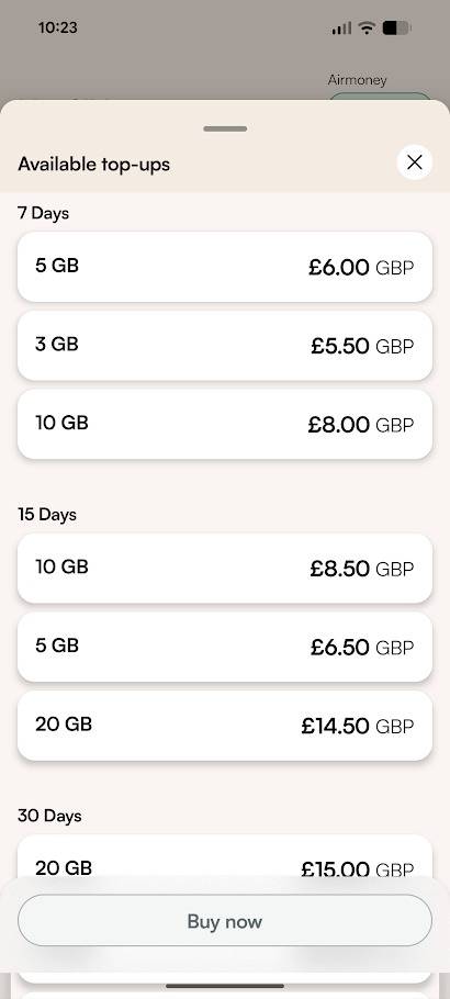 opção esim no aplicativo airlo