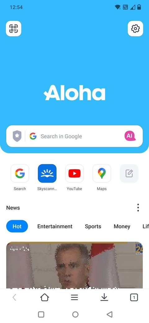 Captura de tela mostrando a página inicial do Aloha Browser