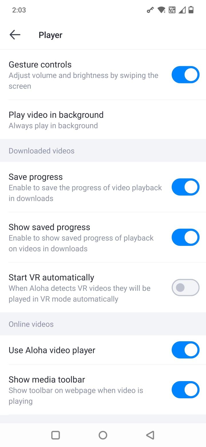 Screenshot showing the Media Player settings in Aloha browser