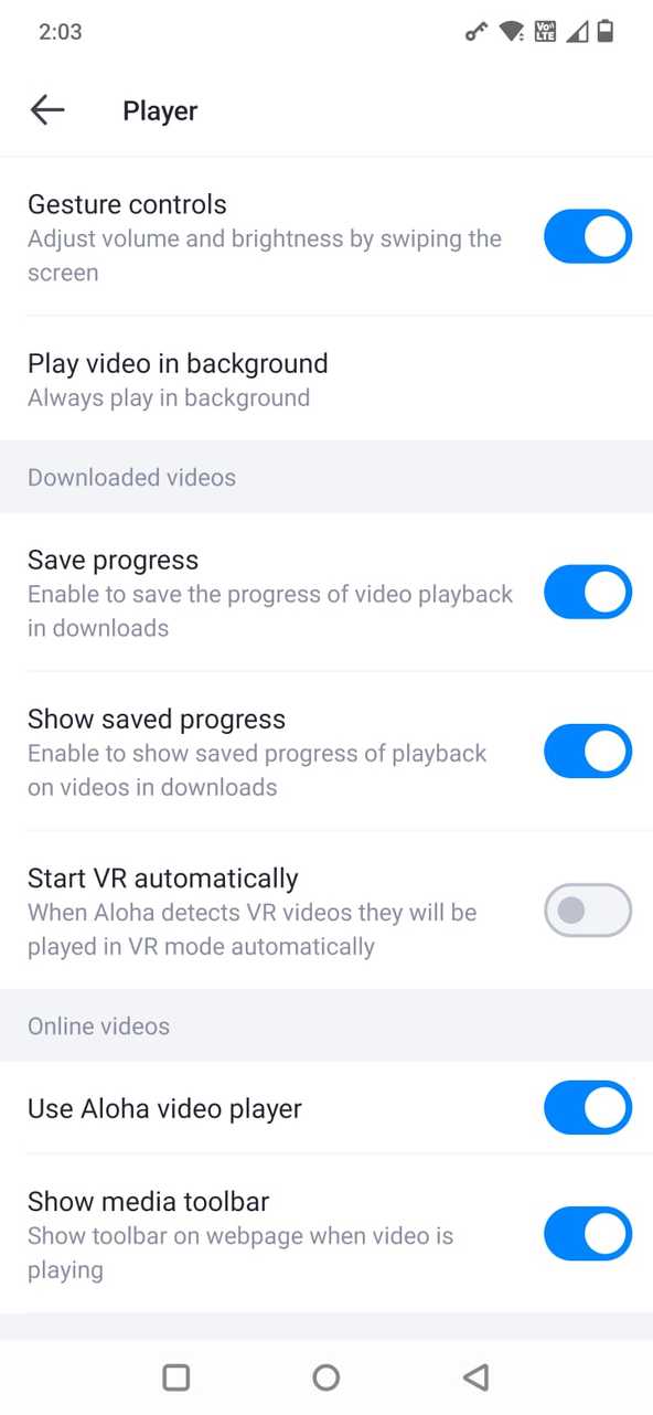 Screenshot showing the Media Player settings in Aloha browser