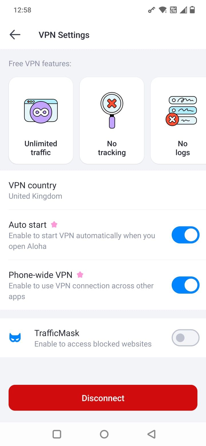 Screenshot showing the VPN settings in Aloha browser