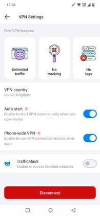 Screenshot showing the VPN settings in Aloha browser
