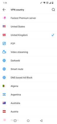 Screenshot showing the VPN country settings in Aloha browser