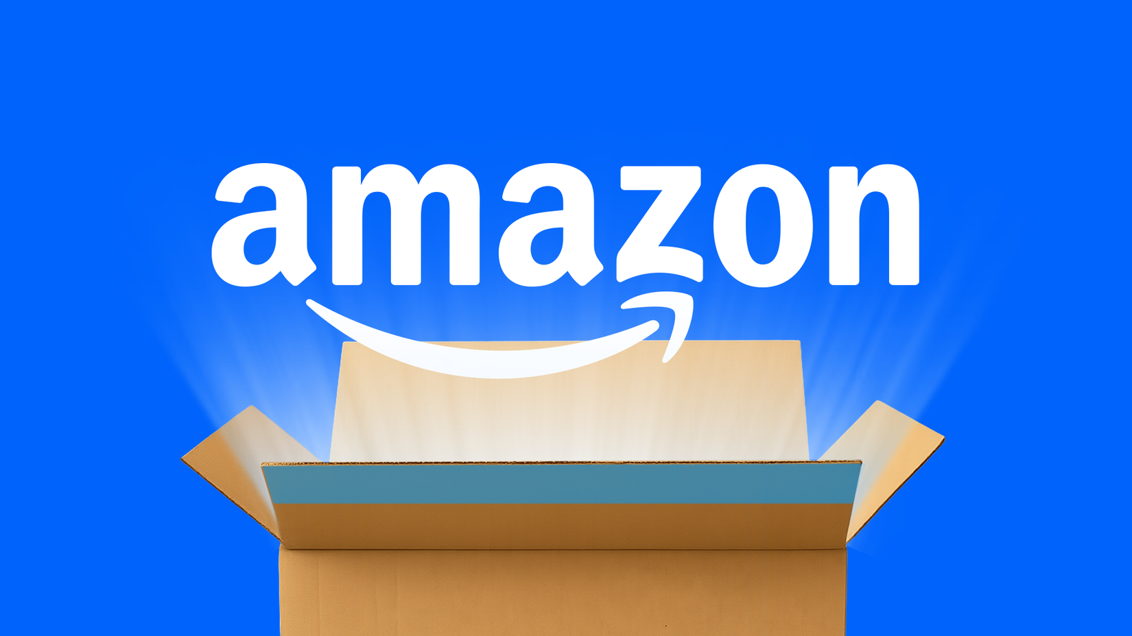 Logotipo da Amazon acima de uma caixa de remessa aberta com raios de luz saindo.