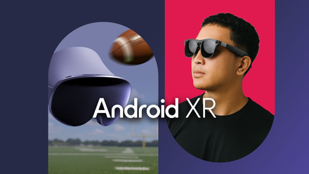 An Android XR headset floating over a blurred football field, with a man wearing smart glasses beside it and the text 'Android XR' displayed in the center