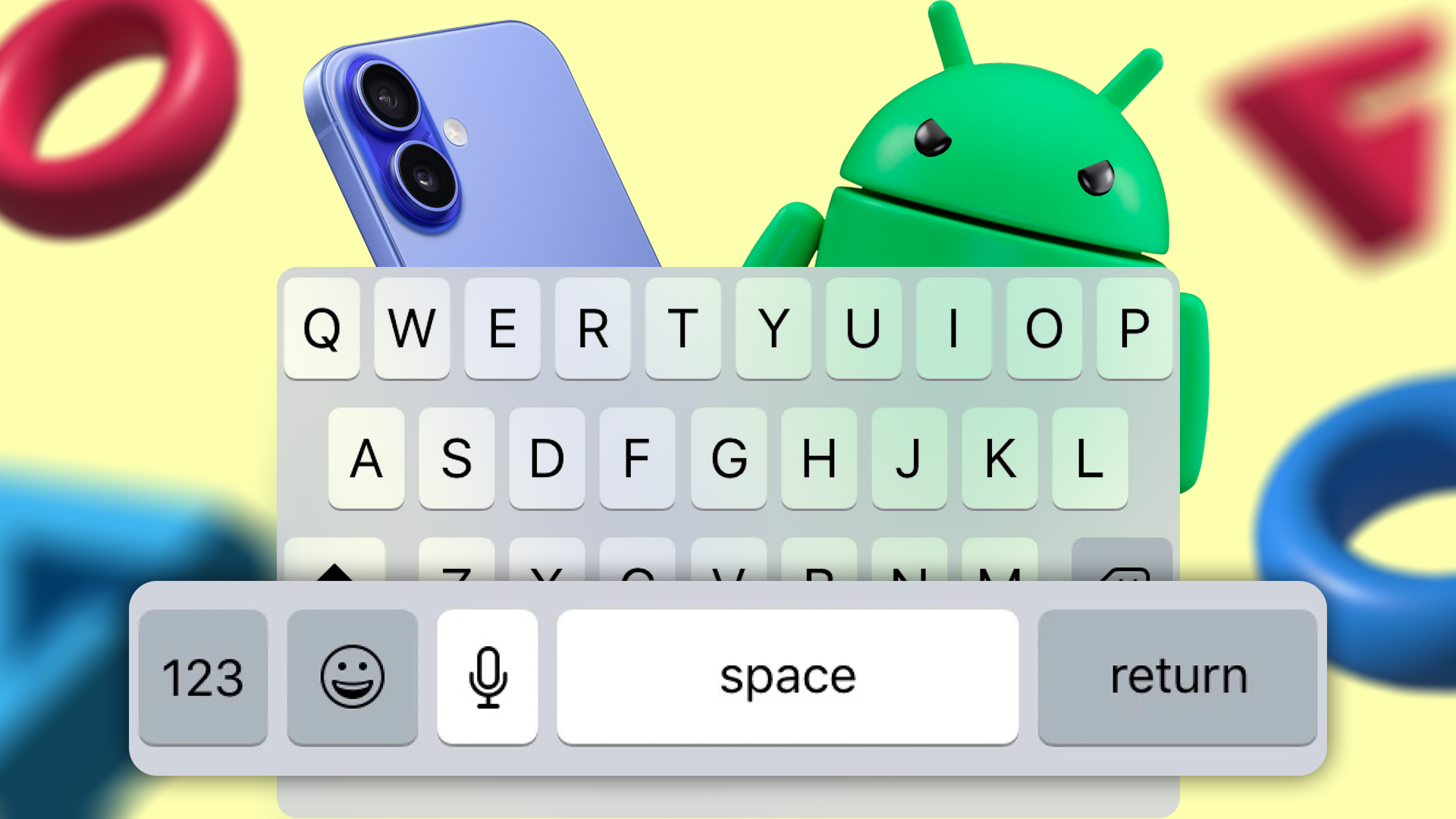An angry Android mascot peeks over an iPhone keyboard