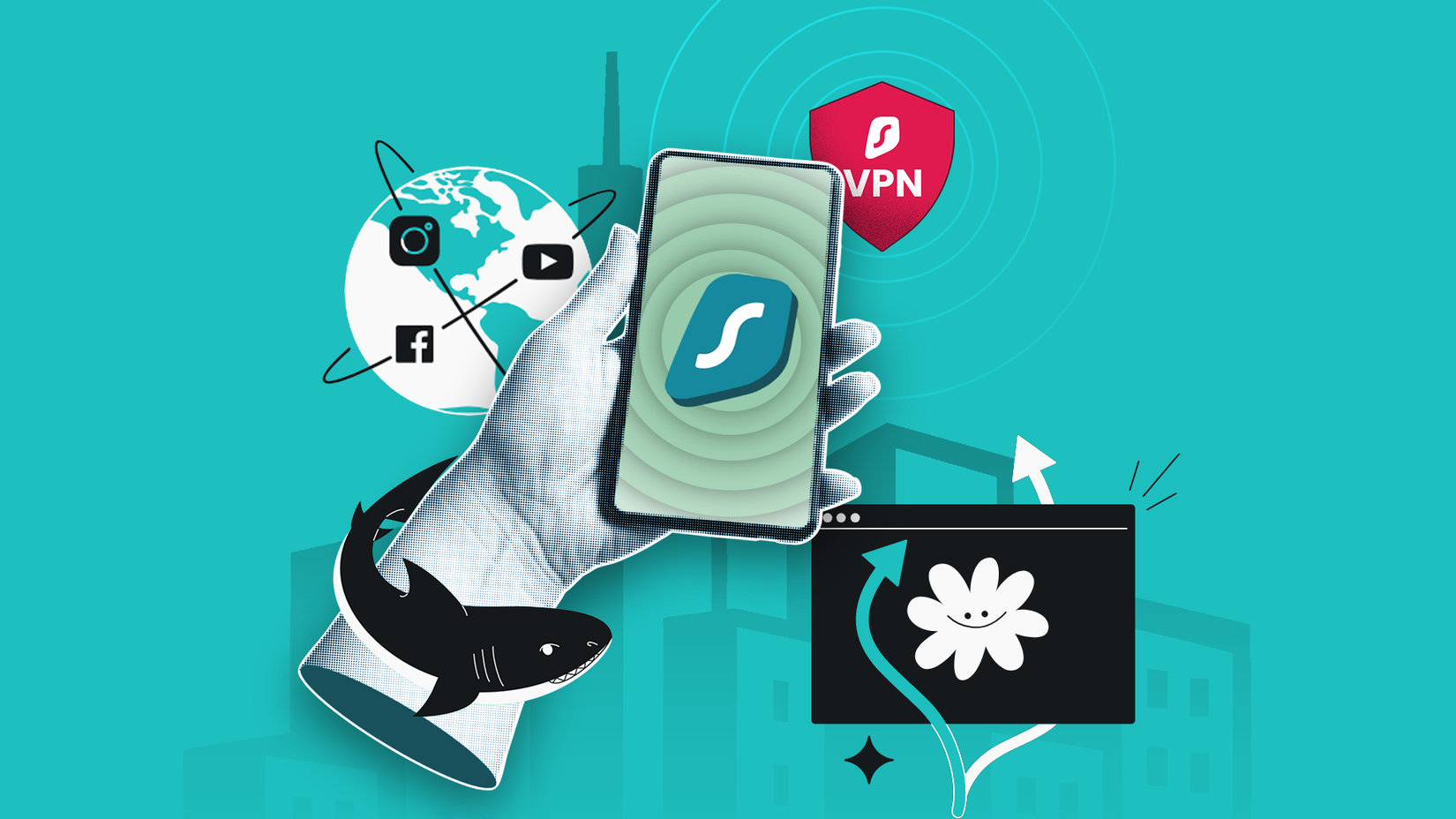 Ilustração de uma mão segurando um smartphone com o logotipo do Surfshark na tela, cercado por ícones de VPN e outros recursos.