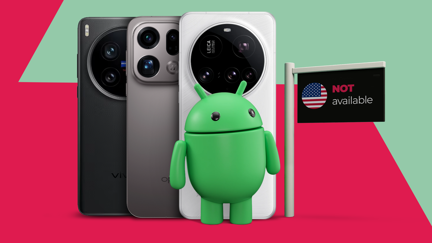 Mascote do Android em frente aos principais smartphones da Vivo, Oppo e Xiaomi, ao lado de uma placa com a bandeira dos EUA dizendo 'Não disponível'.