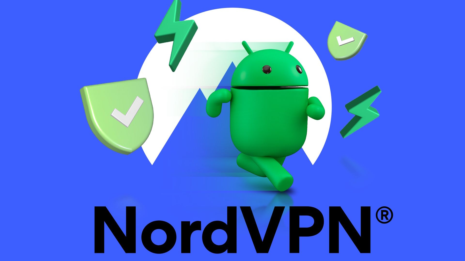 La mascotte di Android corre davanti al logo NordVPN, circondata da icone di scudo e fulmine.