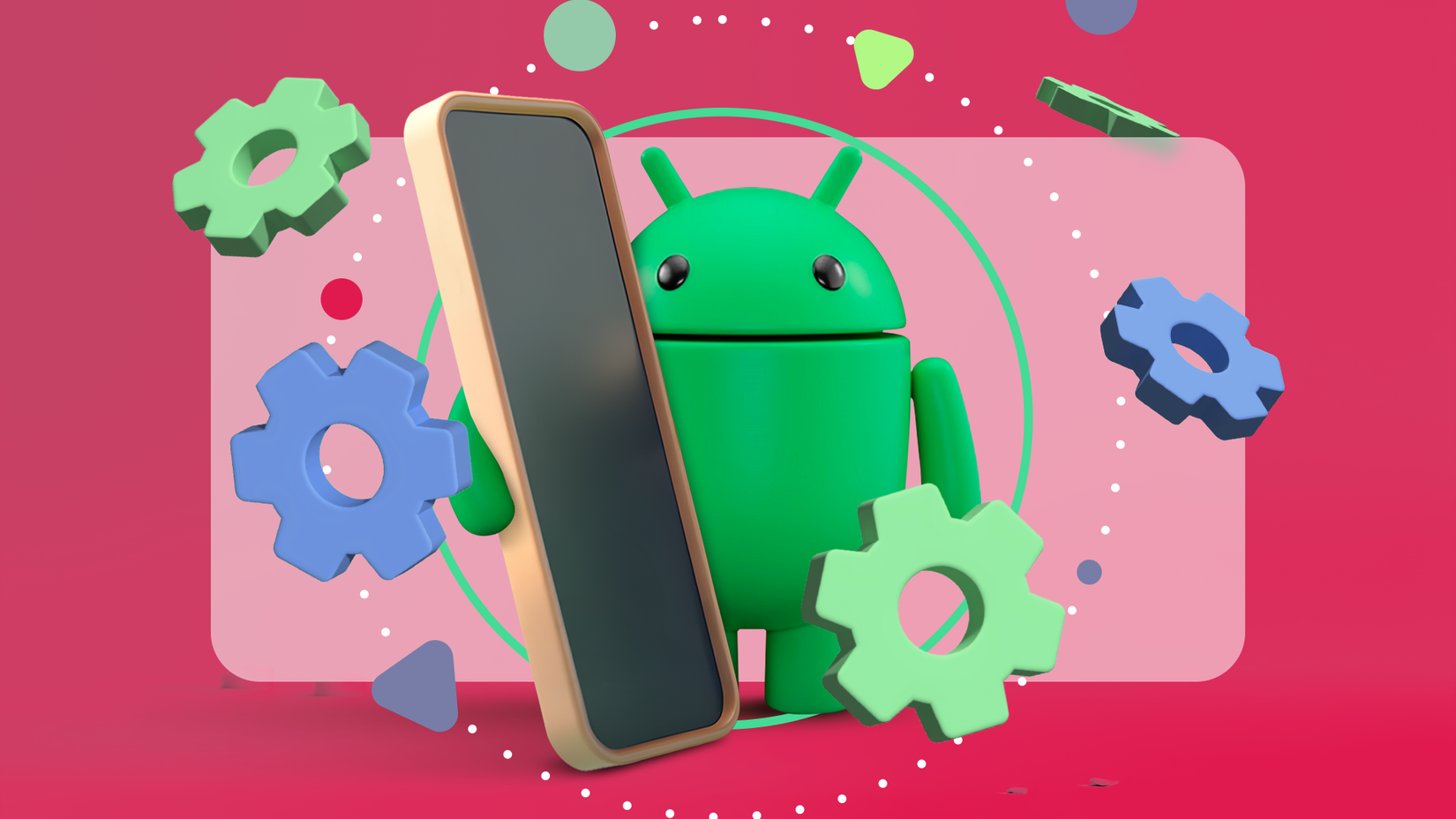 O mascote do Android segurando um smartphone cercado por engrenagens flutuantes coloridas sobre um fundo vermelho.