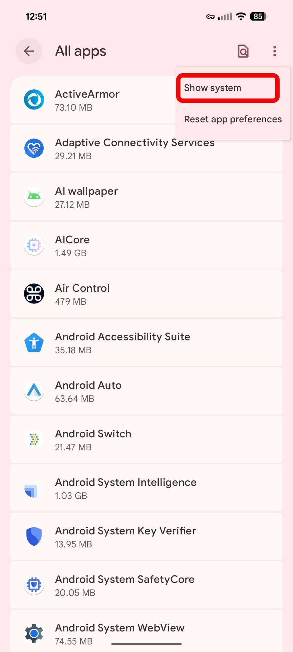 كيفية العودة إلى الإصدار الأقدم من التطبيق على Android 5 تسليط الضوء على مخطط مستطيل أحمر لإظهار النظام في التطبيقات على Android 16