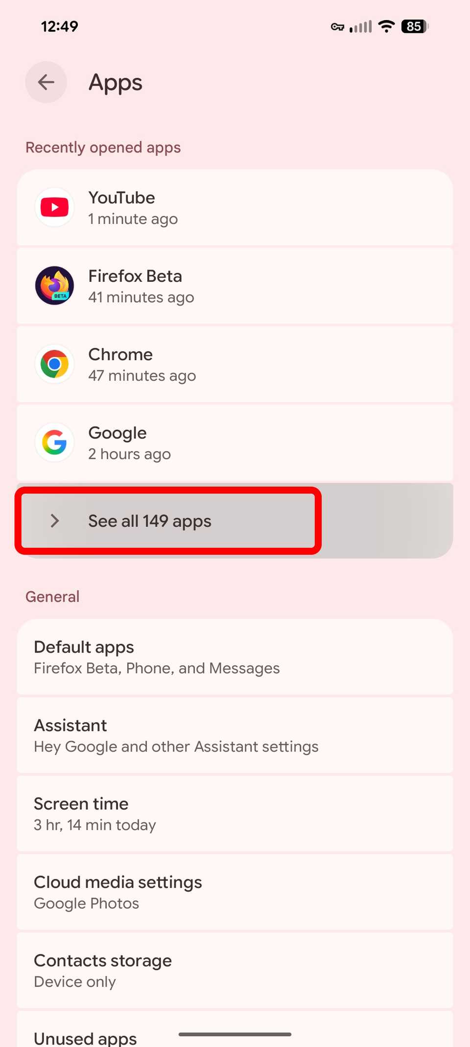 كيفية العودة إلى الإصدار الأقدم من التطبيق على Android 3 تسليط الضوء على مخطط مستطيل أحمر شاهد جميع التطبيقات في التطبيقات على Android 16