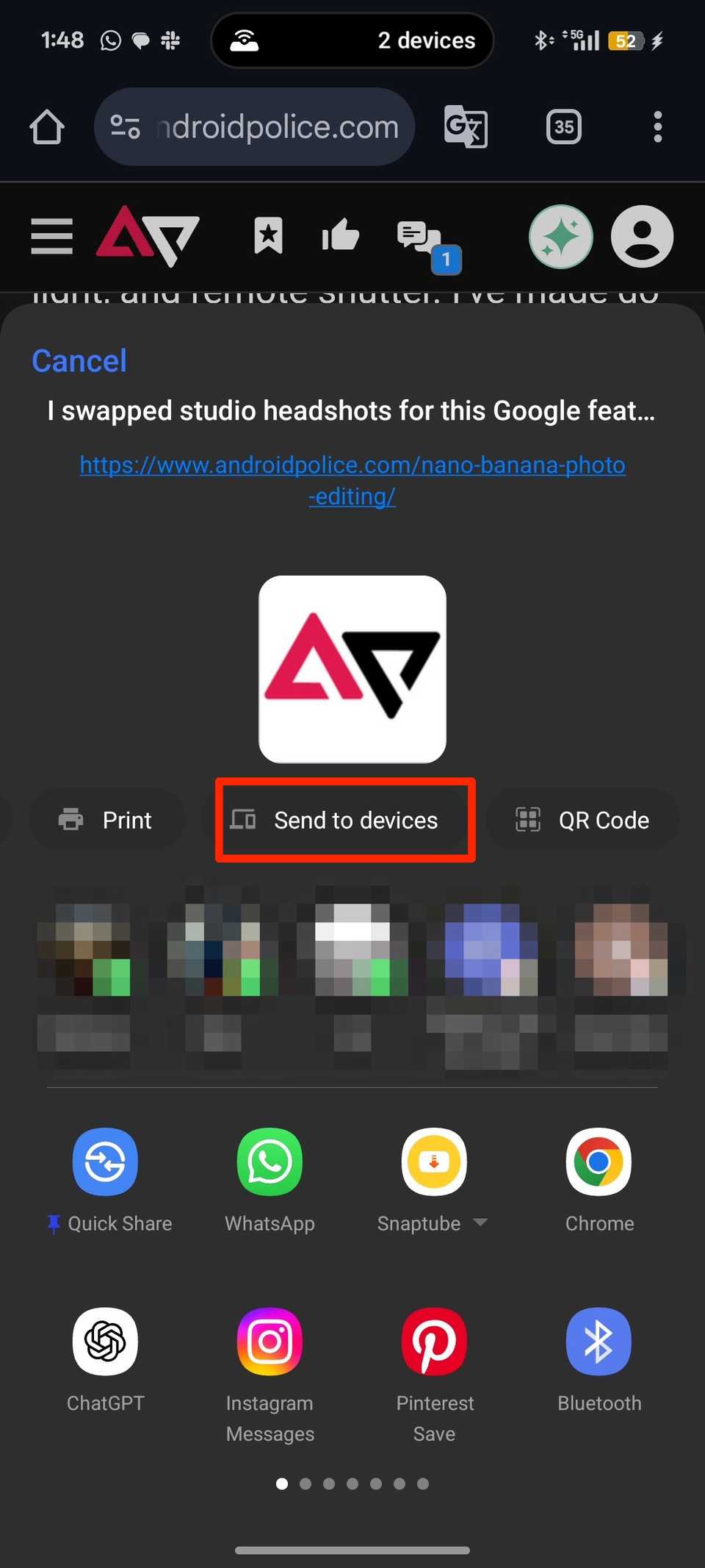 Red box highlighting Send to device option in Android share menu