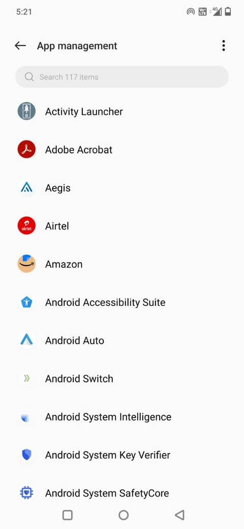 A captura de tela mostra o menu de gerenciamento de aplicativos no Android