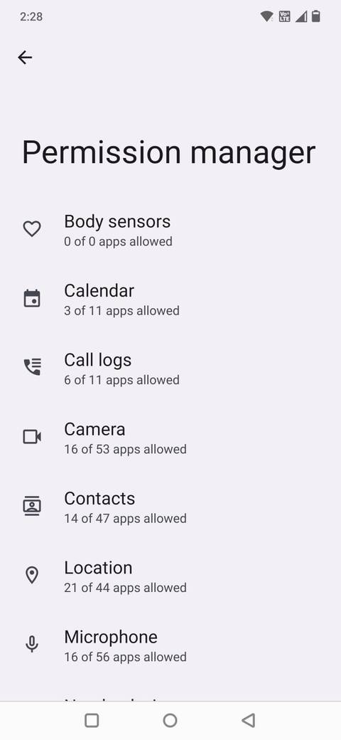 Screeenshot showing the Permission manager menu