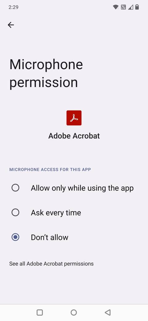 Skrionshot Adobe mostra permissão de microfone para aplicativo Acrobat