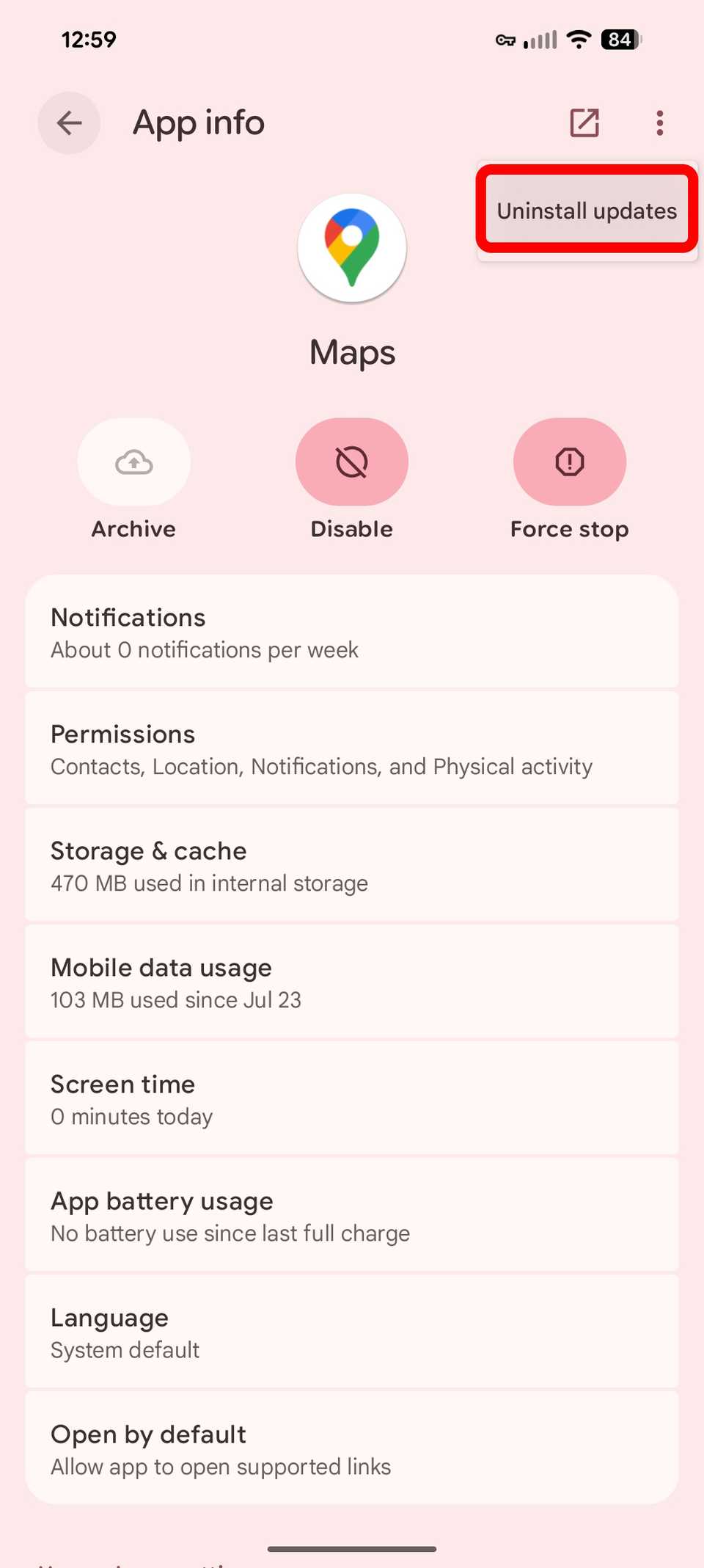 كيفية العودة إلى الإصدار الأقدم من التطبيق على Android 8 مخطط مستطيل أحمر يسلط الضوء على إلغاء تثبيت التحديثات في معلومات التطبيق لأحد التطبيقات على Android 16