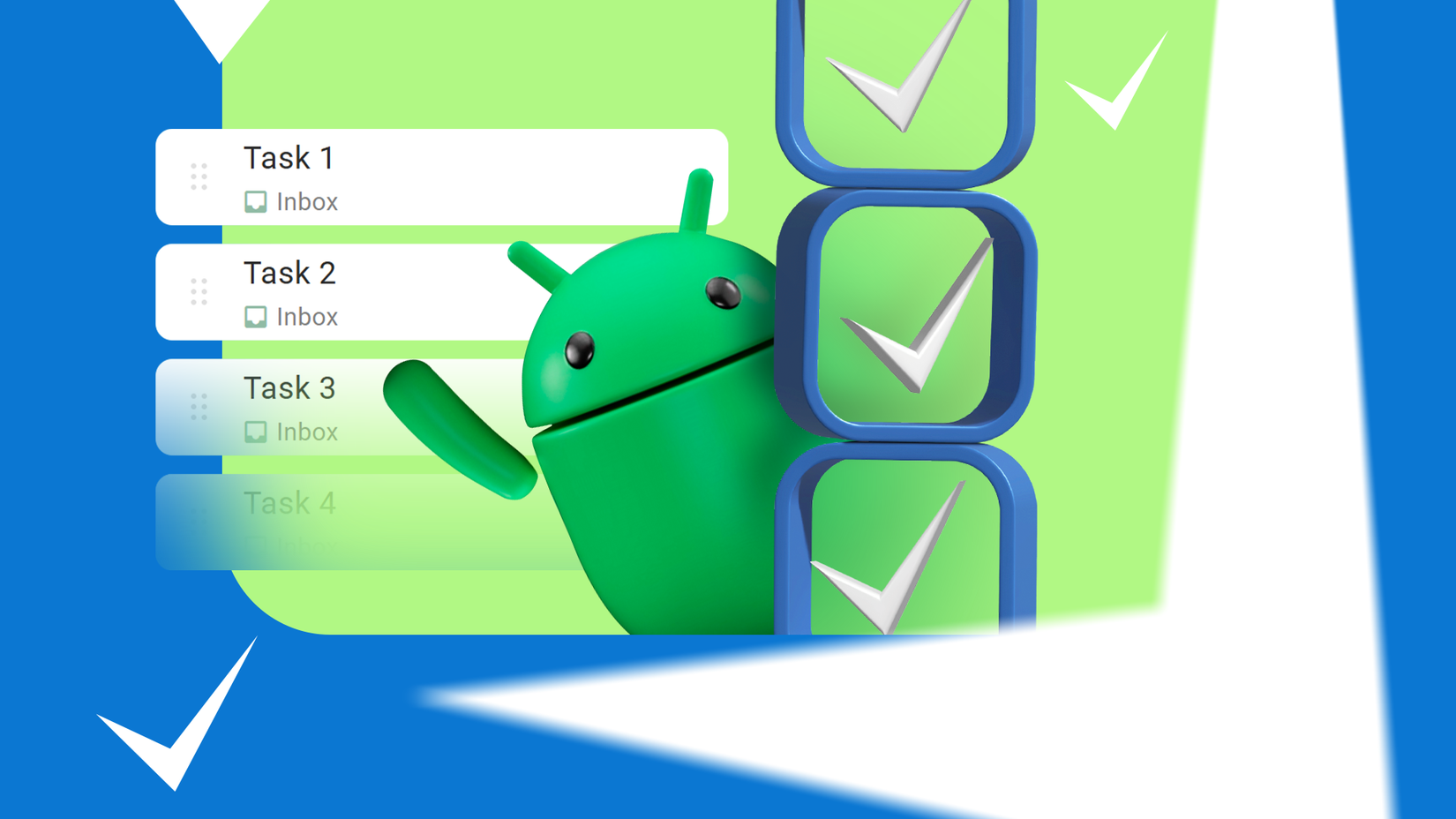 Ilustração do mascote do Android ao lado de uma lista de tarefas digital