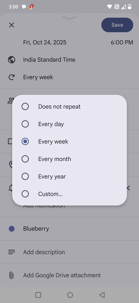 Screenshot showing how to create a recurring event in Google Calendar