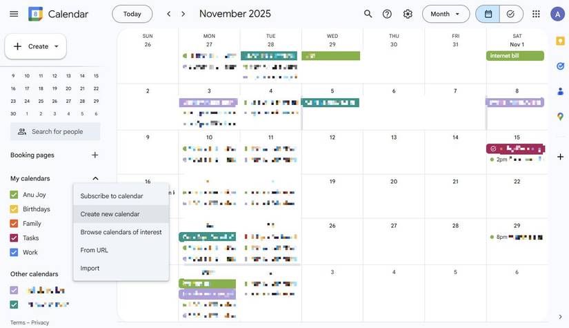 Screenshot showing how to create a new calendar in Google Calendar